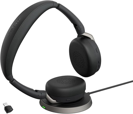 Jabra Evolve2 65 Flex Stereo Headset with Bluetooth, Wireless Charging Pad - Noise-Cancelling ClearVoice Technology & Hybrid Active Noise Cancellation - Works with Leading UC Platforms - Black