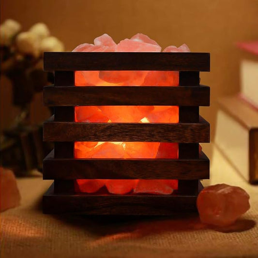 Himalayan Salt Lamp(Wooden Basket with Natural Chunks), Dimmable, Crystal Salt Lamp Classic Design, Extra Bulb, Unique Gift Idea (BlackBasket)