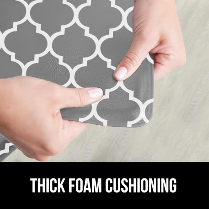 GORILLA GRIP 2 Pack Comfortable Cushioned Kitchen Mats for Floor, 17x29 + 17x59, Waterproof, Stain Resistant, 1/2 Inch Thick Ergonomic Standing Desk Anti Fatigue Mat, Foam Supports Feet, Grey White