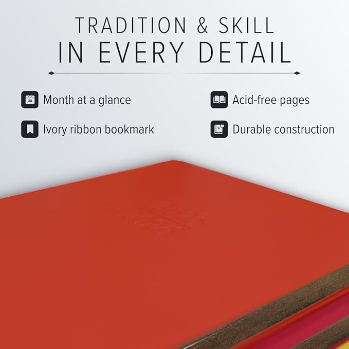 Gallery Leather Academic Planner 2025-2026, Teacher and Student Weekly Monthly Planner, Elegantly Bound Calendar with Gold-Gilded Page Edges, 18 Months - Caribbean Red - 9x7"