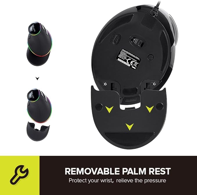 DeLUX Ergonomic Mouse, Wired Large RGB Vertical Mouse with 6 Buttons, 4000DPI, Removable Wrist Rest for Carpal Tunnel (M618Plus RGB-Wired)