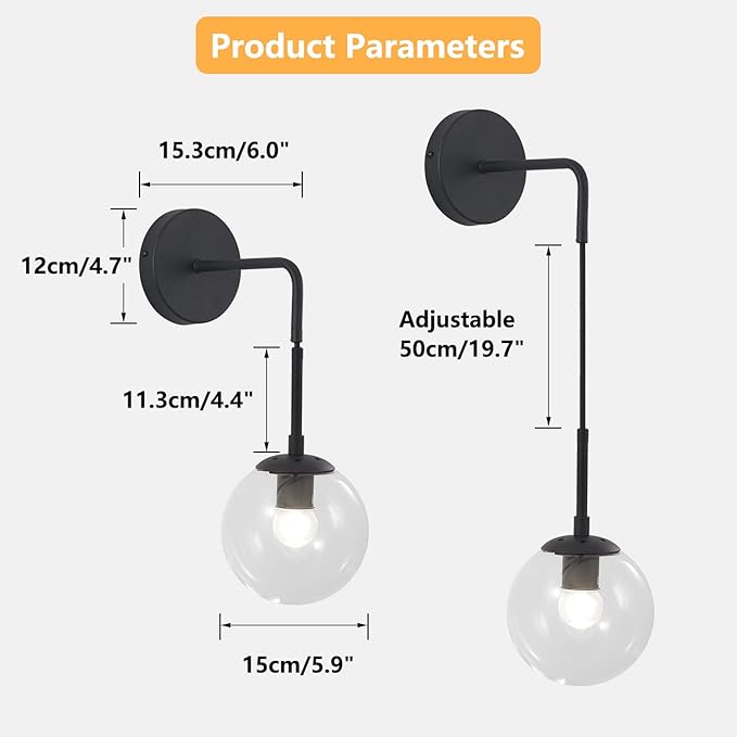 BOKT Mid Century Modern Black Wall Sconce Light Clear Glass Globe Ball Wall Lighting Minimalist Adjustable Bedside Wall Lamp 1-Light Vanity Bathroom Wall Light Fixture (Black+Clear)