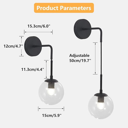 BOKT Mid Century Modern Black Wall Sconce Light Clear Glass Globe Ball Wall Lighting Minimalist Adjustable Bedside Wall Lamp 1-Light Vanity Bathroom Wall Light Fixture (Black+Clear)