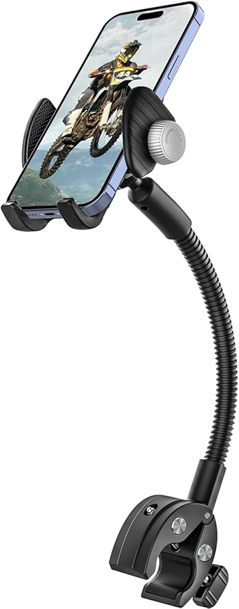 Gooseneck Phone Holder for Wheelchair, Stroller, Golf Cart, Boat, Mic Stand, Indoor Cycling Bike, Gym Bicycle Handlebar Clamp, Compatible with iPhone 16 Pro Max/15/14/13/12, Android and All Smartphone