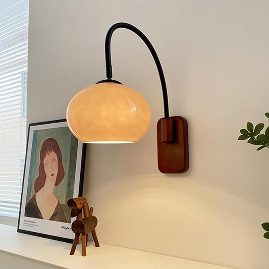 Modern Decoration Wall Sconce Mid Century with White Milk Glass Vintage Industrial Wood Wall Light Hardwired Smoke Grey Amber Farmhouse Reading Wall Lamp for Bedroom Living Room Bedside