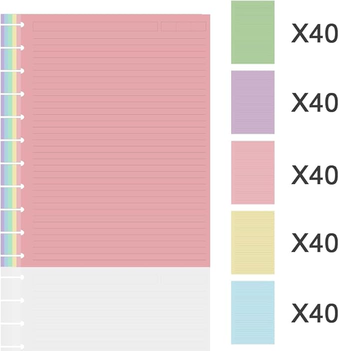 (2-Pack) Letter Size Discbound Lined Refill Paper, 11 Disc Discbound, 5 Colors(40 Sheets/Color), Total 200Sheets / 400Pages, 110gsm Thicker Paper, 8.5'' x 11''