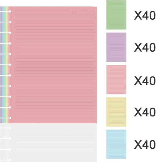 (2-Pack) Letter Size Discbound Lined Refill Paper, 11 Disc Discbound, 5 Colors(40 Sheets/Color), Total 200Sheets / 400Pages, 110gsm Thicker Paper, 8.5'' x 11''