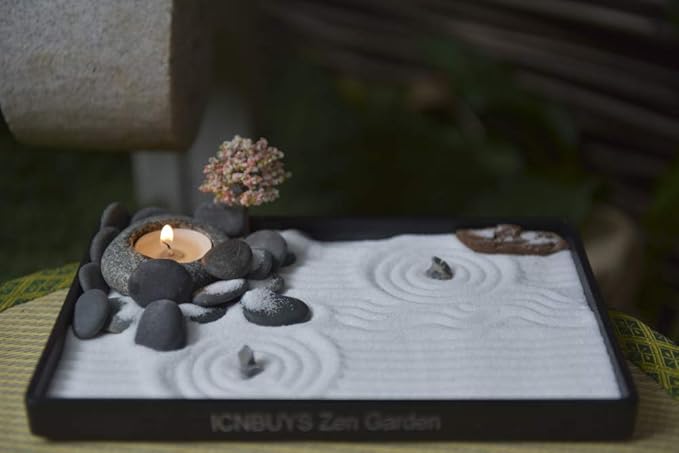 Handmade Zen Garden Pebbles Candle Holder Set with Zen Garden Tools, Sand, Base Tray and Free Accessories
