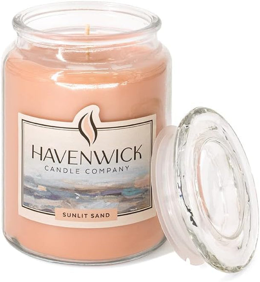 Havenwick Sunlit Sand Soy Blend 22-oz Large Jar Candle, Long Lasting 110-130 Hour Burn Time with Single Cotton Wick, Relaxing Scented Candles for New Home Gift & Housewarming Parties