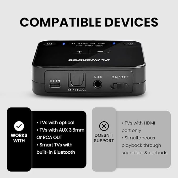 Avantree HT4186 - Wireless Earbuds for TV Watching, Bluetooth Neckband Listening Headphones with Transmitter for Seniors & Hard of Hearing, Support Optical, RCA, 3.5mm AUX Audio Ported TVs, No Delay