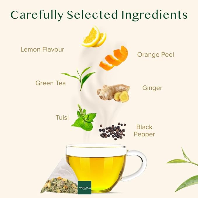 VAHDAM, Lemon Ginger Tea Bags (100 Green Tea Bags) Low Caffeine | Fruity Flavor - Zesty Lemon & Ginger, Orange Peel | Resealable Ziplock Pouch | Brew Hot or Iced Tea