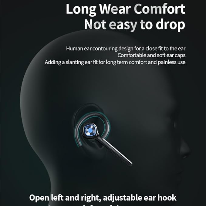 IHAO Wireless Bluetooth Earpiece Headphone Dual Noise Cancelling Mic Painless Open-Ear Handsfree Headset Stereo Sound Left/Right Changeable Earhook Earphones for Driving/Business/Gym