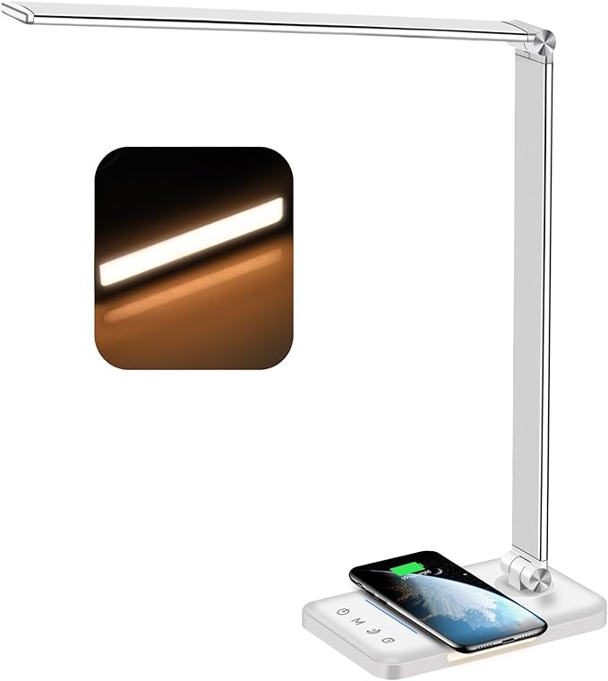 AFROG Multifunctional LED Desk Lamp with Wireless Charger, USB Charging Port, 5 Lighting Modes,5 Brightness Levels, Sensitive Control, 30/62 min Auto Timer, Eye-Caring Office Lamp with Adapter