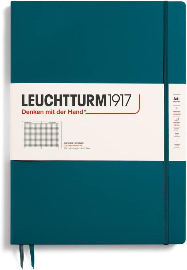 LEUCHTTURM1917 - Notebook Hardcover Master Slim A4+ - 123 Numbered Pages for Writing and Journaling (Pacific Green, Squared)