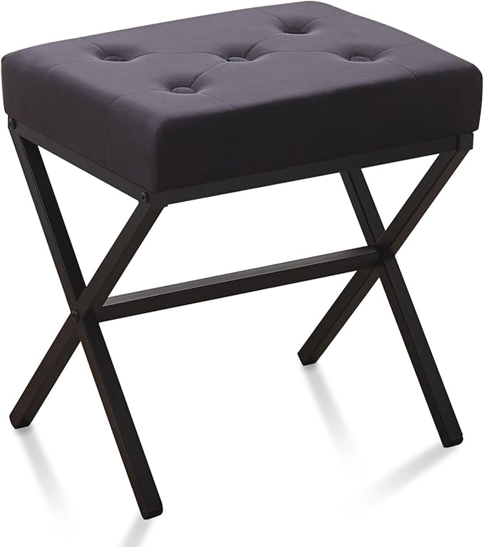 Wimarsbon Ottoman Foot Stool Tufted Vanity Stool Ottomans Thickened Cushion Footstool Mulifunctional Shoe Changing Seat Step Stools with Metal X Leg for Living Room Bedroom Velvet Black