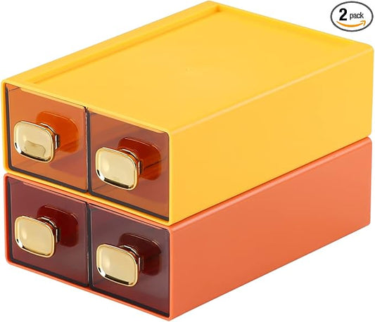 Spacious Desk Drawers, Stackable Desktop Organizer, Plastic Storage Box for Office, School & Home Supplies (4 Small Drawers, OG & YE)