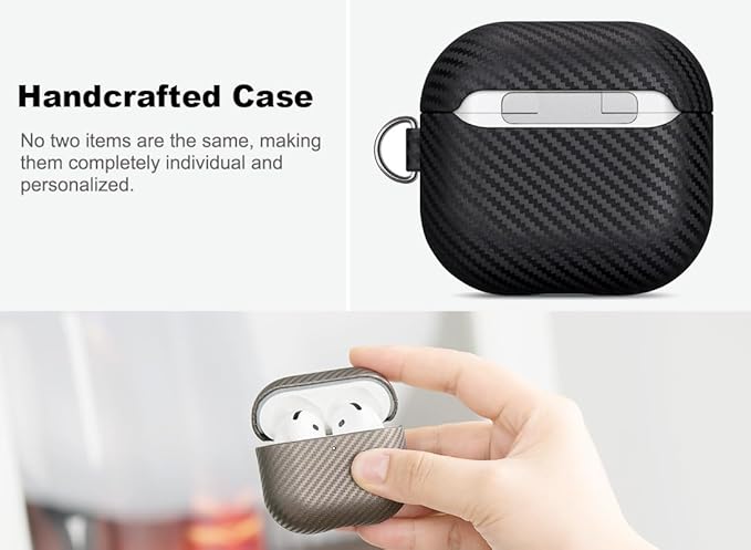 Leather Case for AirPods 4 / AirPods 4 with Active Noise Cancellation Case Cover with Keychain - Selected Skin-Friendly Leather, Carbon Fibre Texture, Handmade Shockproof Hard Cover - Black