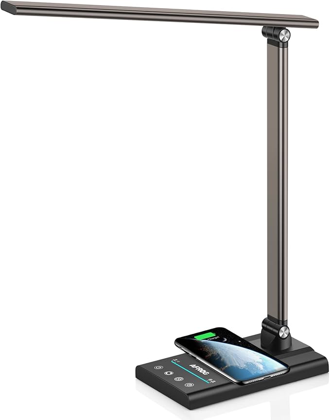 AFROG 5th Gen Multifunctional LED Desk Lamp with 10W Fast Wireless Charger, USB Charging Port,1800Lux Super Bright,5 Lighting Mode,7 Brightness, Touch Control, Auto Timer, 15W Office Table Lamp