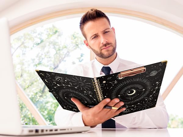 Ospelelf Clipboard with Storage 8.5 X 11，Padfolio Organizer, Spiral Portfolio Letter Size with Notepad, Pen Holder, 5 Extra Folder Divider Pages, Elastic Closure Nurse Office Essentials (Black Tarot)