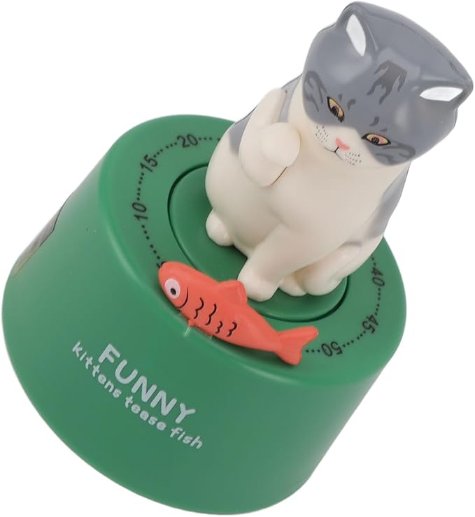 Mechanical Countdown Timer, 60 Minutes Mechanical Kitchen Timer Eco Friendly Loud Alarm Magnetic Base Cute Animal Shape for Kitchen (Kitten with Green Base)