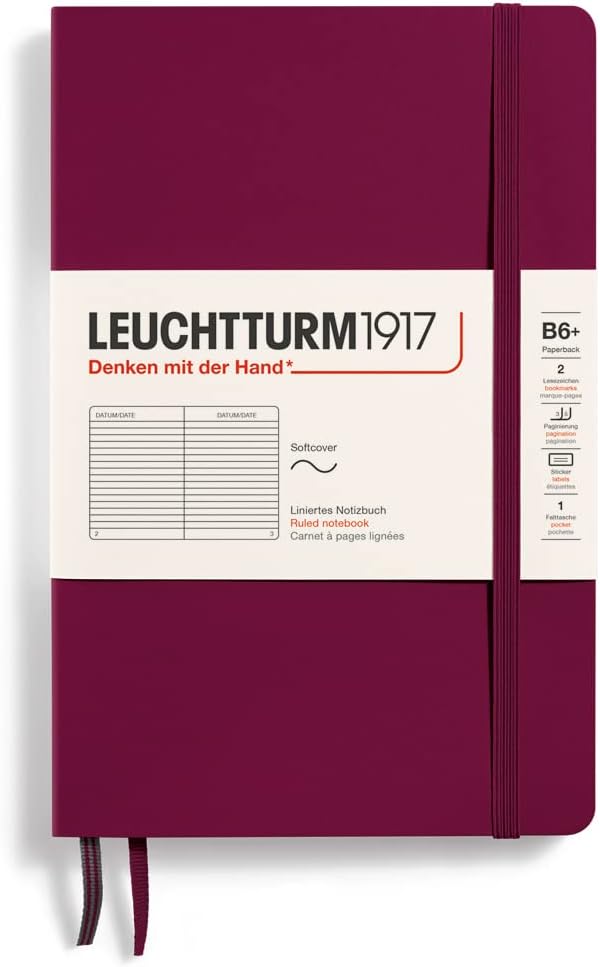 LEUCHTTURM1917 - Notebook Softcover Paperback B6+ - 123 Numbered Pages for Writing and Journaling (Ruled, Port Red)