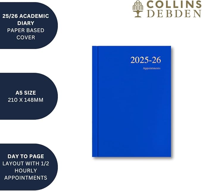 Collins 'Essentials' 12 Month Mid/Academic Year Planner, July 2025-July 2026 - ESSA51M.65-2526 -Day-to-Page Appointments Diary, A5 Hard Cover, Dark Blue