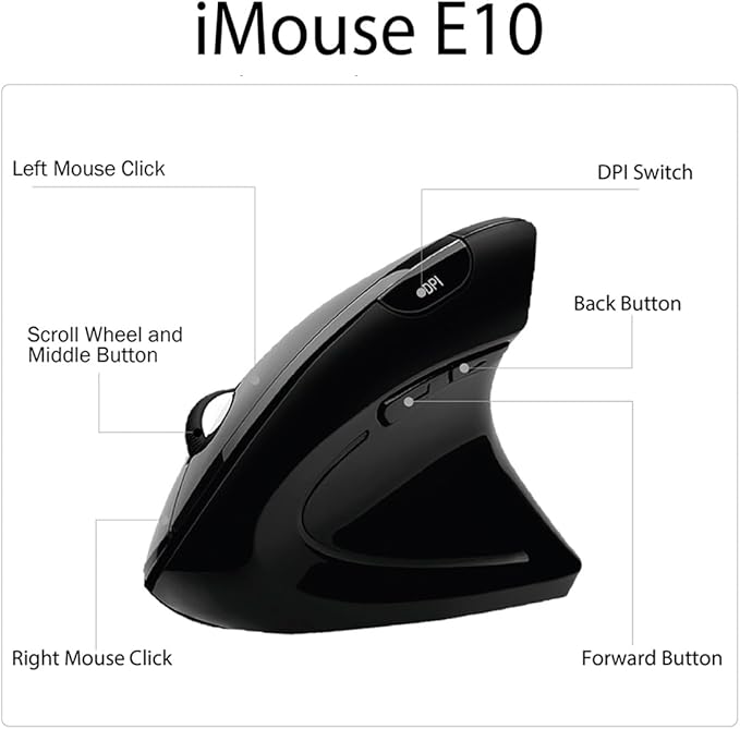 Adesso iMouse E10 - Vertical Ergonomic Optical 6-Button 2.4 GHz RF Wireless Mouse - Right Hand Orientation, Black