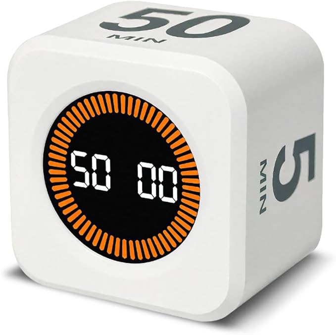 Visual Rotating Timer with 5, 10, 25 50 Minutes Preset, Desk Cube Count Down/up Timer, Rechargeable Custom-time Mute/Sound, Ideal for ADHD Work Learning Kitchen, White