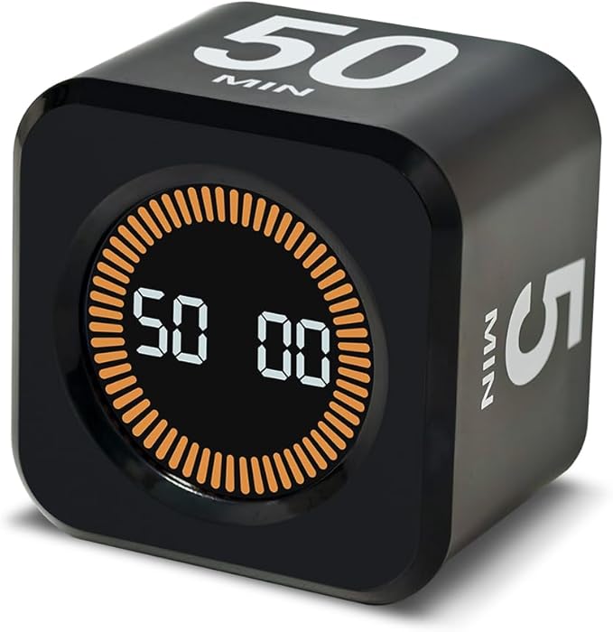 Visual Rotating Timer with 5, 10, 25 50 Minutes Preset, Desk Cube Count Down/up Timer, Rechargeable Custom-time Mute/Sound, Ideal for ADHD Work Learning Kitchen, Black