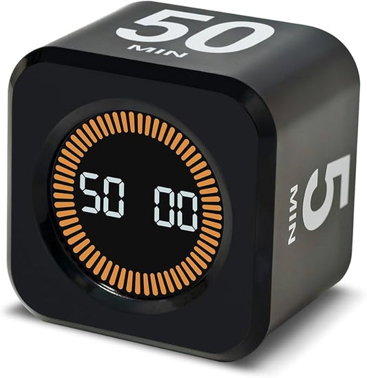 Visual Rotating Timer with 5, 10, 25 50 Minutes Preset, Desk Cube Count Down/up Timer, Rechargeable Custom-time Mute/Sound, Ideal for ADHD Work Learning Kitchen, Black