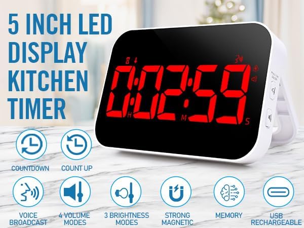 LED Timer （1.5" Number） with Voice Reminder, Digital Magnetic Timer, Countdown/Up, Rechargeabilit, Brightness Display, 3 Volume Levels and Vibration Mode, for Classroom, Study (red)