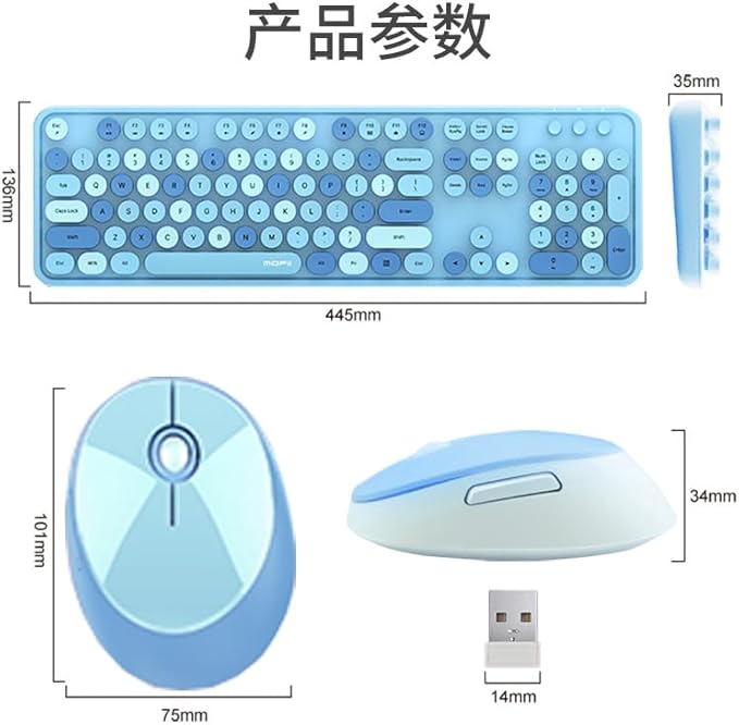 Guffercty kred Colorful Blue Wireless Keyboard Mouse, Cute Retro Typewriter Round Keycaps 2.4GHz Dropout-Free Connection for Laptop/PC (Multicolor Blue)