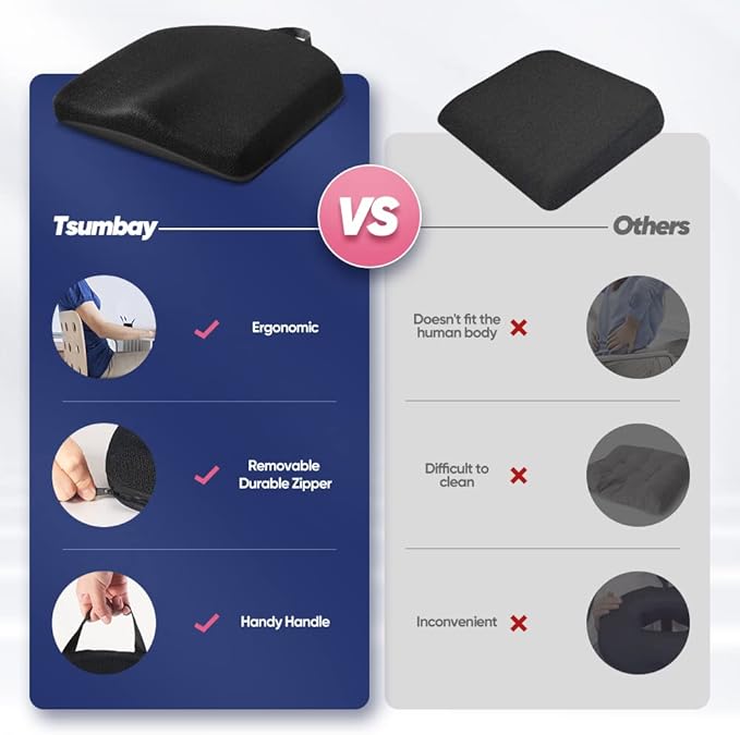 Tsumbay Memory Foam Seat Cushion, Office Soft Seat Cushion with Carry Handle, Washable Cover, Comfortable Coccyx Cushion for Home Office Chair Pad, Car Seat, Wheelchair -Black