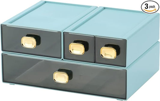 Spacious Desktop Storage Box, 1 Large 1 Middle & 2 Small Storage Drawers, Stackable Office Desk Drawer Organizer and Accessories, Printer Paper Organizer, Cyan Plastic Drawers for Workspace