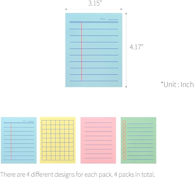 Monolike Memopad Boldline Color design SET - 4 Packs, 4 Different Designs, 100 Sheets Per Pad, Total 400 Sheets, Note pads, Writing pads, 3.15 x 4.17 Inches