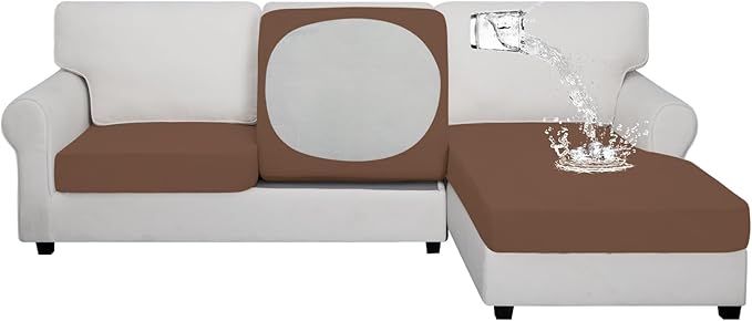 Easy-Going 100% Waterproof 3 Pieces Couch Cushion Covers for Sectional Sofa Left/Right L Shape Chaise Lounge Sofa Seat slipcover Anti-Slip Sofa Cover (2 Seater + 1 Chaise, Brown