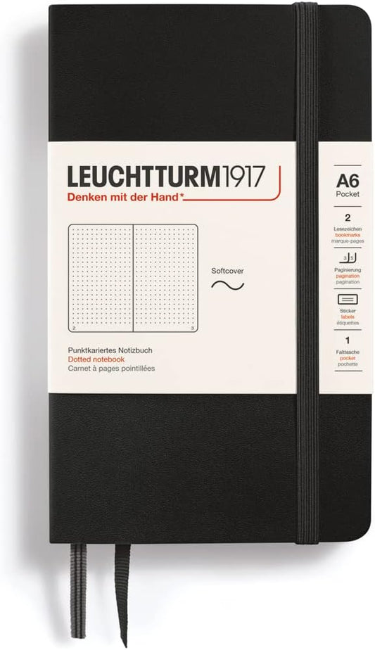 LEUCHTTURM1917 - Notebook Softcover Pocket A6-123 Numbered Pages for Writing and Journaling (Dotted, Black)