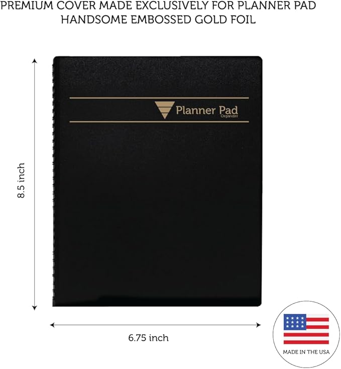 Planner Pad Spiral Bound January-December 2026/ Calendar Year 6 3/4" x 8 1/2" Medium 3-Tier Funnel Down 12 Month Organizer, Black Cover/Black Ink