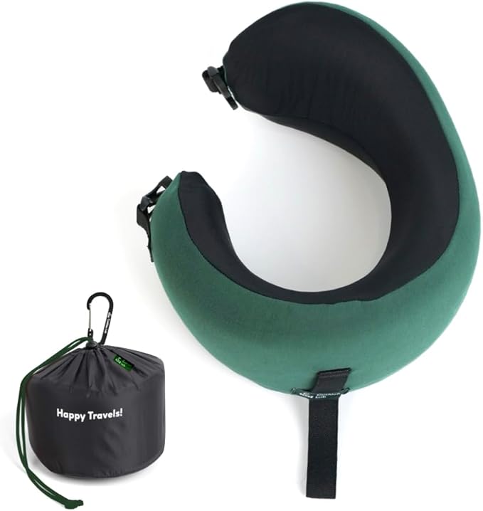 C CUSHION LAB Travel Pillow, Award-Winning Patented Ergonomic Design for Chin & Neck Support Memory Foam Neck Pillow, Compact Airplane Pillow for Traveling, Flight, Car (Hunter Green, Medium)