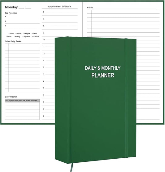 Daily & Monthly Planner for 2025 2026 or Anytime - ADHD Planner Two Pages Per Day, Daily Planner Undated to Increase Focus, Eliminate Overwhelm, Achieve Your Biggest Goals, 5.8'' × 8.3'', Green