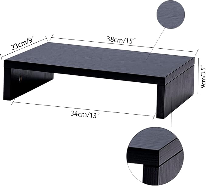 Black Monitor Riser - Wooden Stand for Monitors & Laptops, 15-Inch, 2 Pack