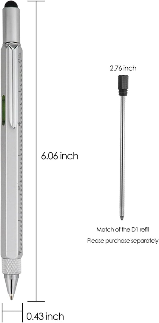 HeTaoCat Gifts Multi Tech Tool Pen 6 in 1 Stylus Pen - Screwdriver Pen with Ruler, Levelgauge, Ballpoint Pen Black Ink (Silver)