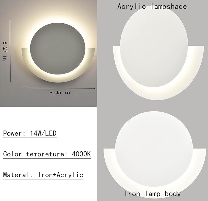 DANSEER White Round Acrylic Wall Lamp Round LED Home Wall Sconce 14W-4000K Modern Wall Light for Bedroom Living Room Hallway