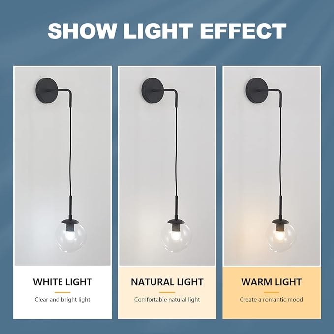 BOKT Mid Century Modern Black Wall Sconce Light Clear Glass Globe Ball Wall Lighting Minimalist Adjustable Bedside Wall Lamp 1-Light Vanity Bathroom Wall Light Fixture (Black+Clear)