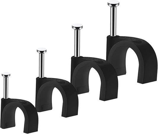 Cable Clips, 400 Pcs, 4mm 6mm 8mm 10mm, Wire Wall Clips with Steel Nails, Cable Management Organizer Clips, Cable Tacks Coax Holder Clips, RG6 RG59 CAT6 RJ45 Cable Cord Clips, Black