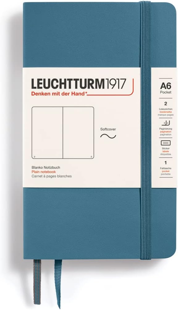 LEUCHTTURM1917 - Notebook Softcover Pocket A6-123 Numbered Pages for Writing and Journaling (Plain, Stone Blue)