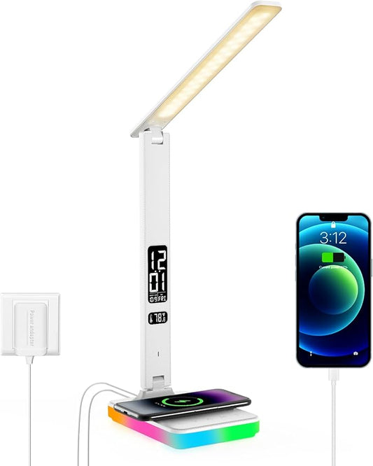 LED Desk Lamp with Wireless Charger, USB Charging Port, Reading Lamp Desk Light with 5 Brightness, 3 Colors, Table Lamp with Clock, Alarm, Date, Temperature, Desk Lamp for Home Office Study (White)