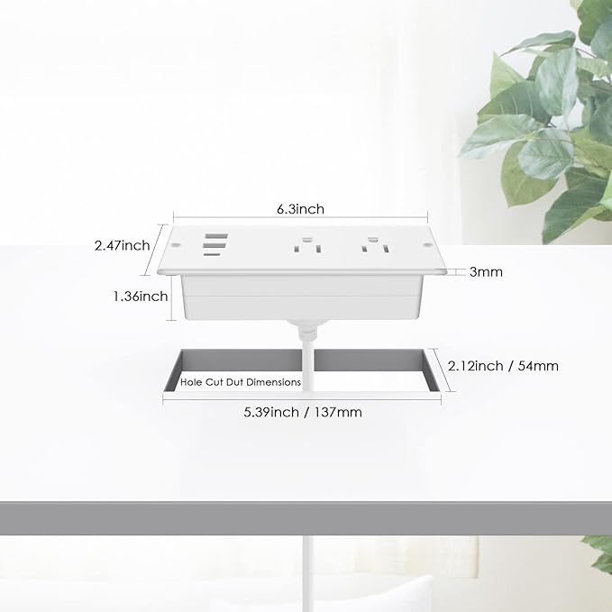 Jgstkcity 20W USB C Recessed Power Strip,Surge Protector Waterproof,Furniture Desk Power Outlet,2 Outlets and and USB C Charging,Suitable for Side Table,Flat Plug,6ft Cable White