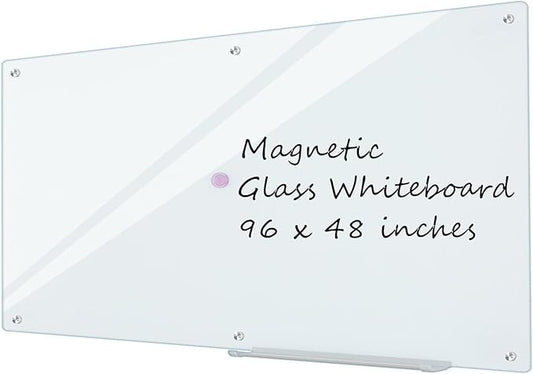 Glass Whiteboard 8'x 4', Magnetic Dry Erase Board, 96" x 48" Large Framless Glass White Board for Wall Office School Home