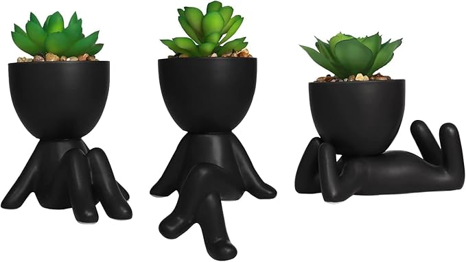 Zerzsy 3 PCS Cute Artificial Succulent Plants with Creative Human Shaped Pots, Mini Potted Plants, Faux Succulent Desk Decor for Home Office Shelf Decor (Matte Black)
